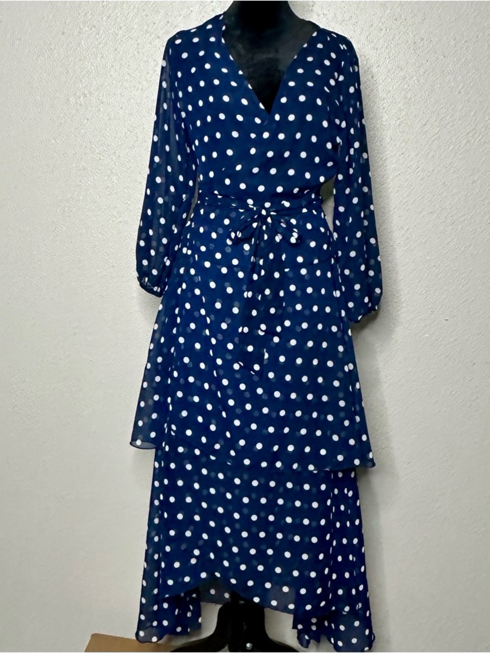 CBR Polka Dot Navy Blue Layered Wrap Maxi Dress Sz L